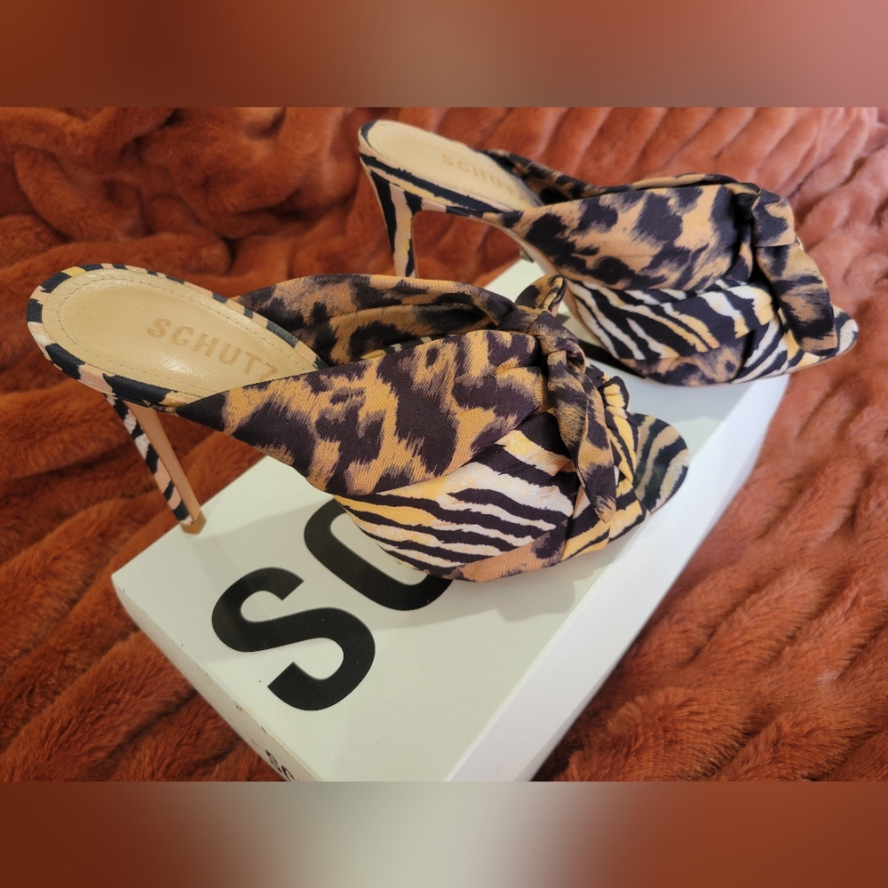 SCHUTZ Multicolor Animal Print Knot Mules with Red Accent - Picture 3 of 10